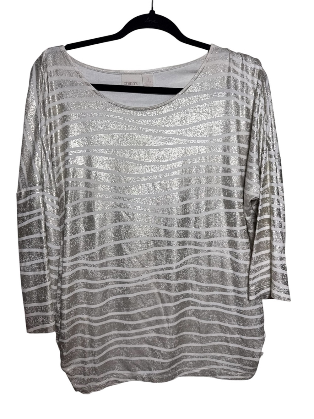 Chico's Women 1 Silver White Metallic Striped Knit Scoop Neck 3/4 Sleeve Top M